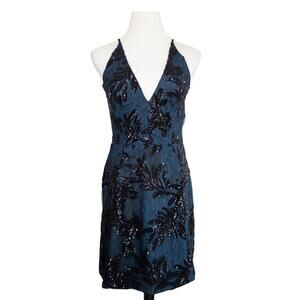 Dress the Population Lace Sequin Leaf V Neck Cocktail Dress Navy Black Medium